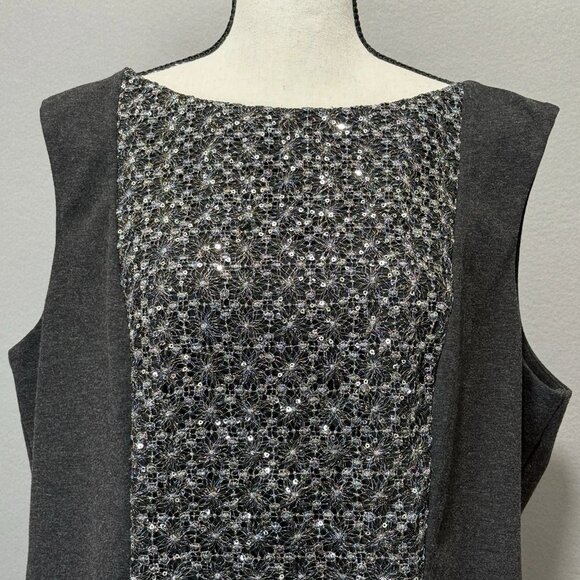 Chico's Sheath Dress Sz 3/16 Silver Metallic Sequin Embroidered Panel Sleeveless - Picture 5 of 8